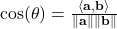 \cos(\theta) = \frac{\langle \mathbf{a}, \mathbf{b} \rangle}{\|\mathbf{a}\|\|\mathbf{b}\|}
