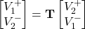 \begin{bmatrix} V_1^+ \\ V_2^- \end{bmatrix} = \mathbf{T} \begin{bmatrix} V_2^+ \\ V_1^- \end{bmatrix}